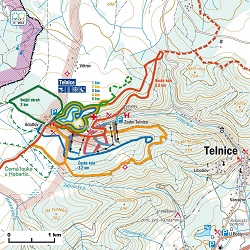 Mapa Telnice a okolí s vrstevnicemi.
