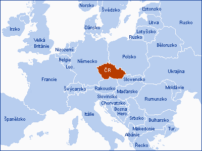 Mapa Evropy s vyznačením ČR