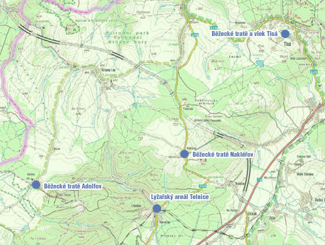 Mapa s turistickými zájmovými body v okolí Ústí nad Labem.
